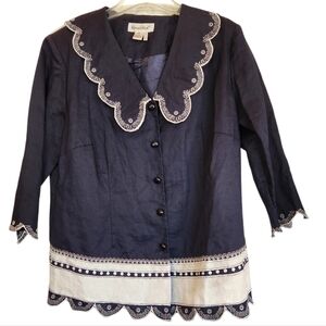 LINO USA Navy/White Embroidered Scallop-Trim Top 100% Linen Size M Button Front
